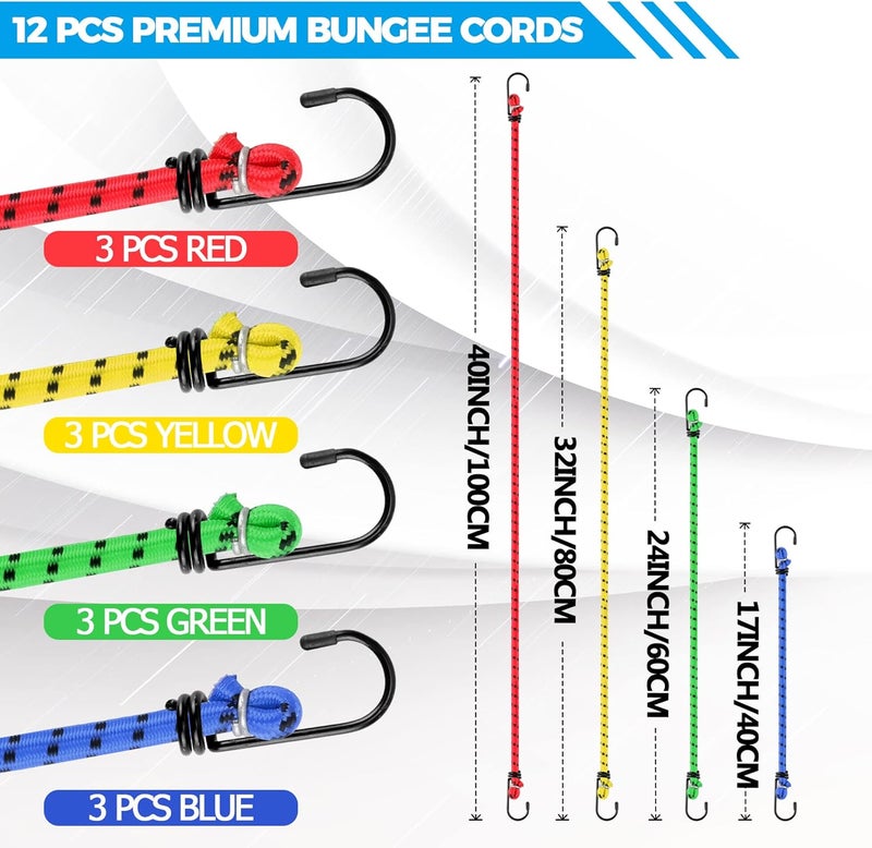 Veppak -Bungee Cords with Hooks, 12 Pack Elastic Bungee Straps Includes 40",32", 24", 16",Heavy Duty Outdoor Bungie Straps to Packing for Camping, Tent, Storing Packages, Fastening Items - Image 2